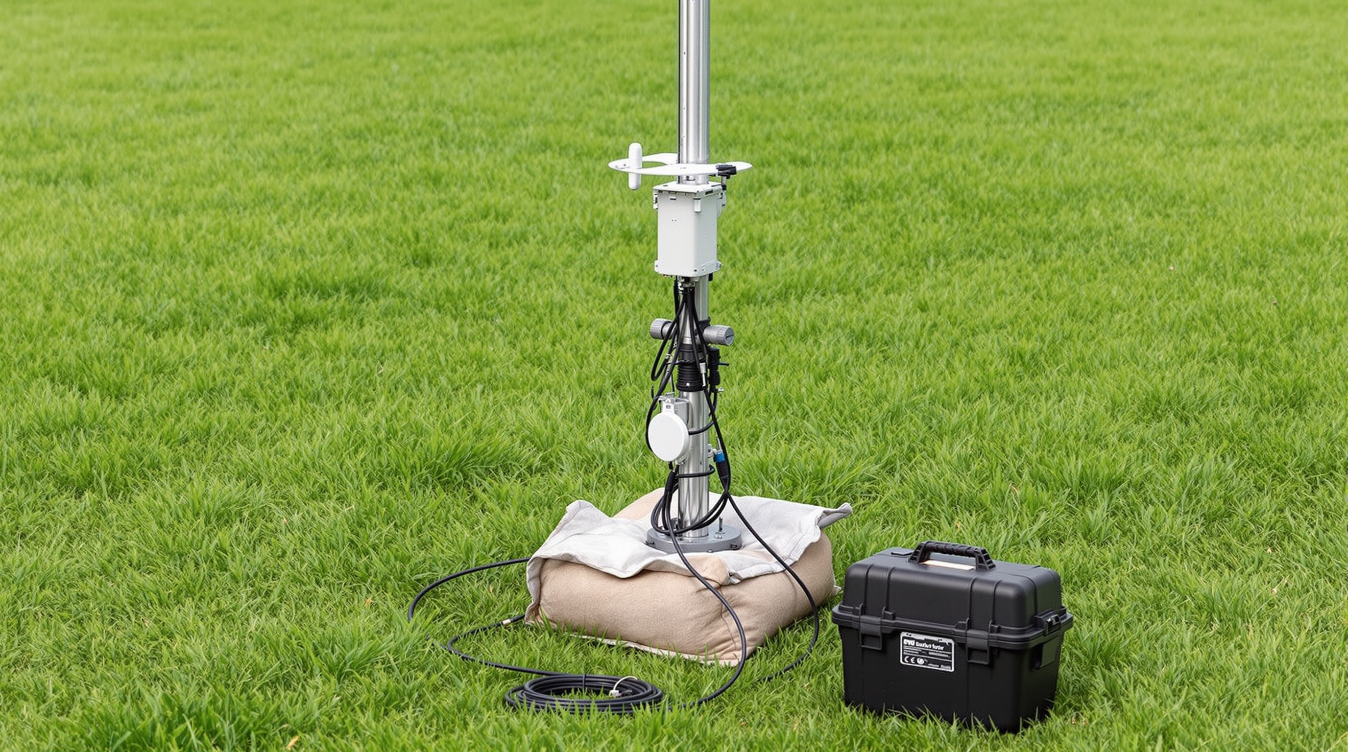 Un nœud déployé sur l'herbe: mât télescopique, borne et radio en haut, caisse-batterie au pied