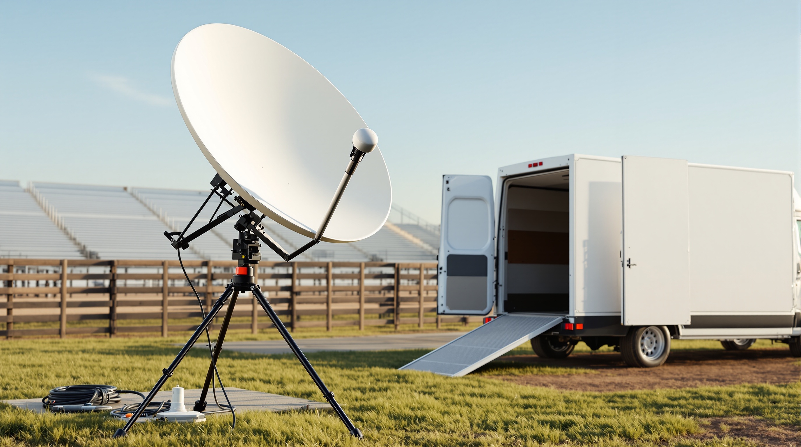 Plan B: Starlink sur un trépied au sol à côté du van, câble protégé par une rampe